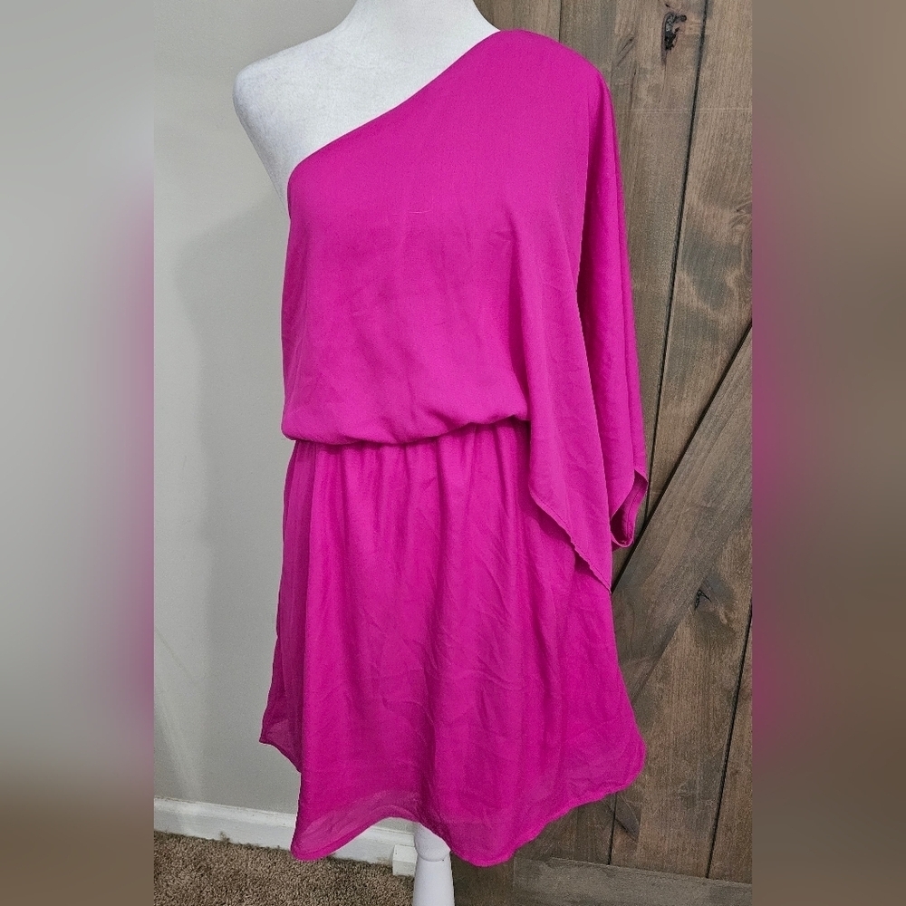 CARAMELA Inner Goddess One Shoulder Mini Dress In Fushia Pink. Size Small NWT